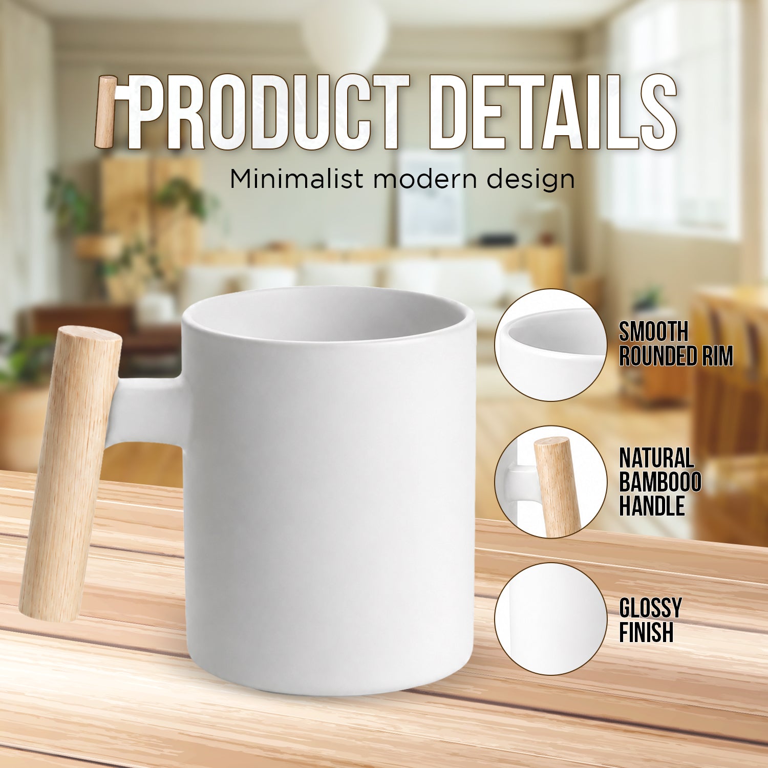 Coated White Mug Wooden Handle 11OZ