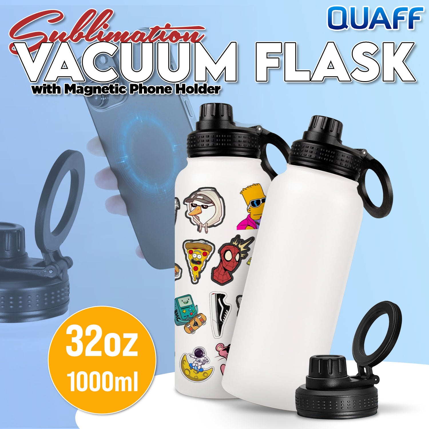 QUAFF Sublimation Vacuum Flask With Magnetic Phone Holder 32oz/1000ML