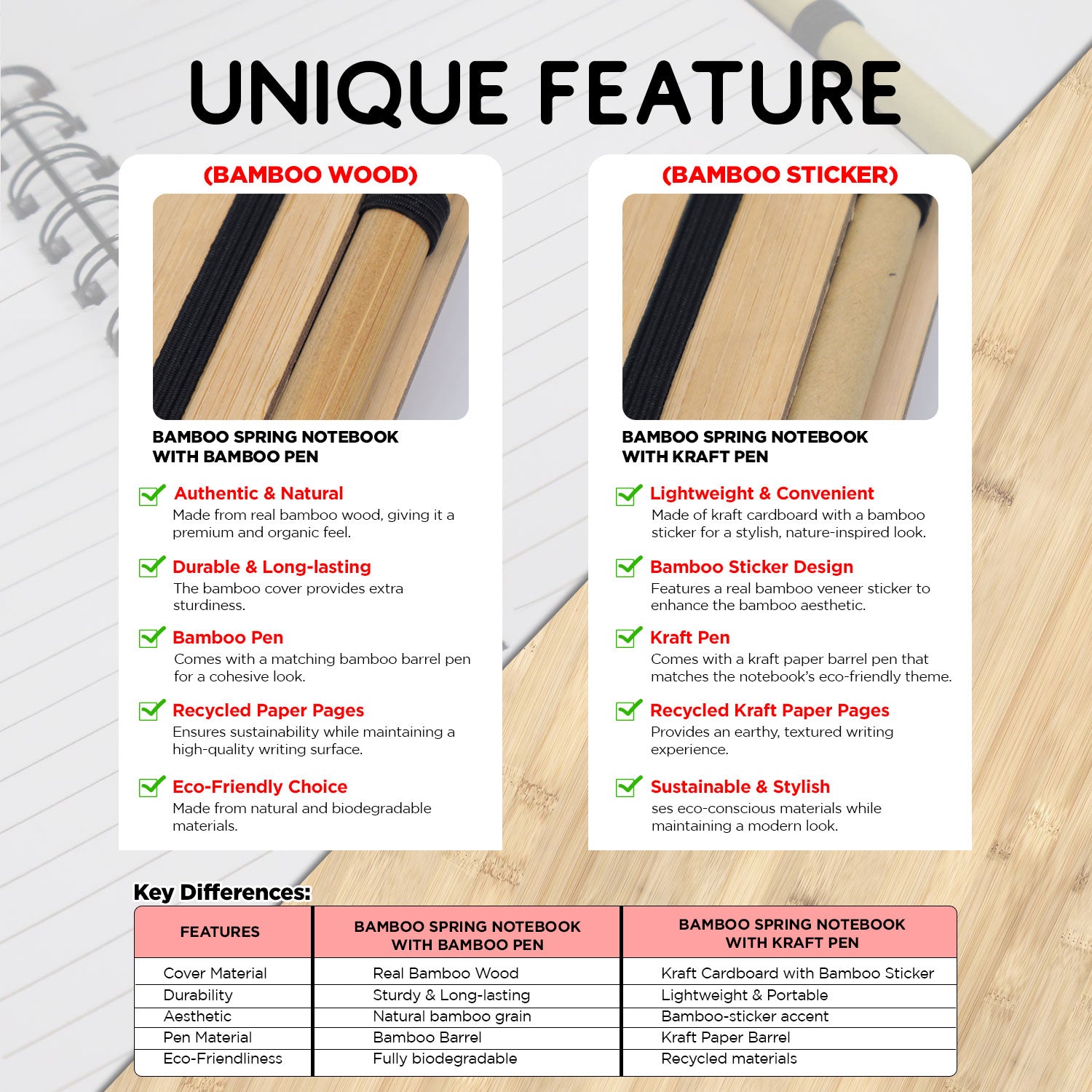 Bamboo Spring Notebook with KRAFT Pen 14cm*18cm