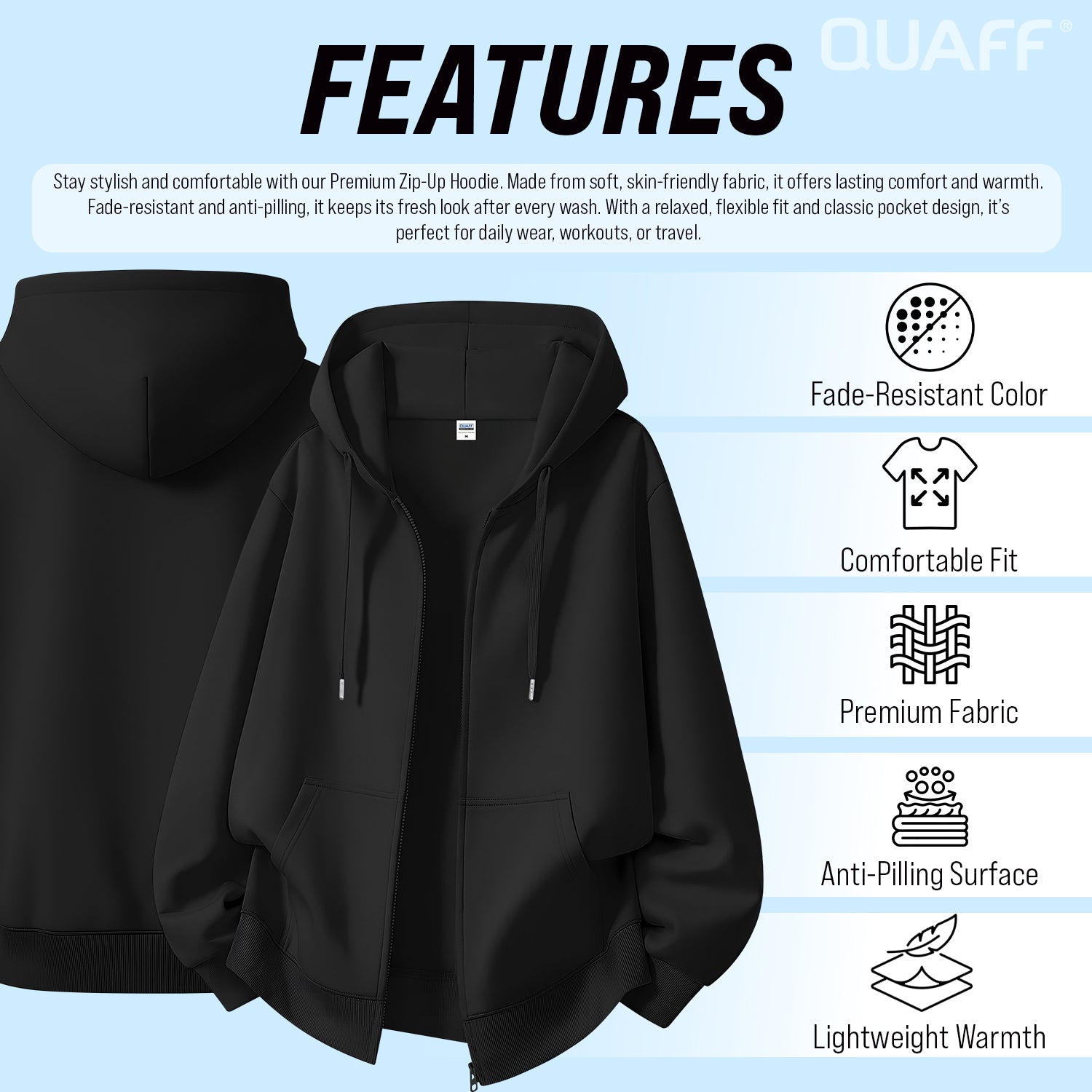 QUAFF 300GSM Hoodie Jacket Full-Zip BLACK🆕