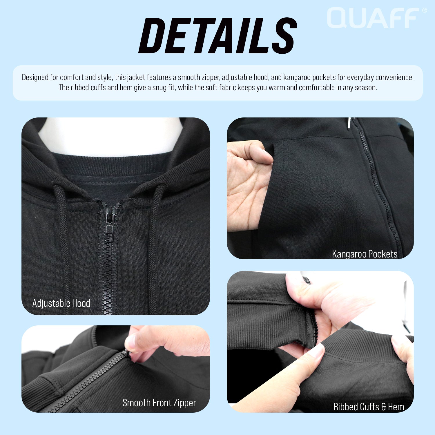 QUAFF 300GSM Hoodie Jacket Full-Zip BLACK🆕