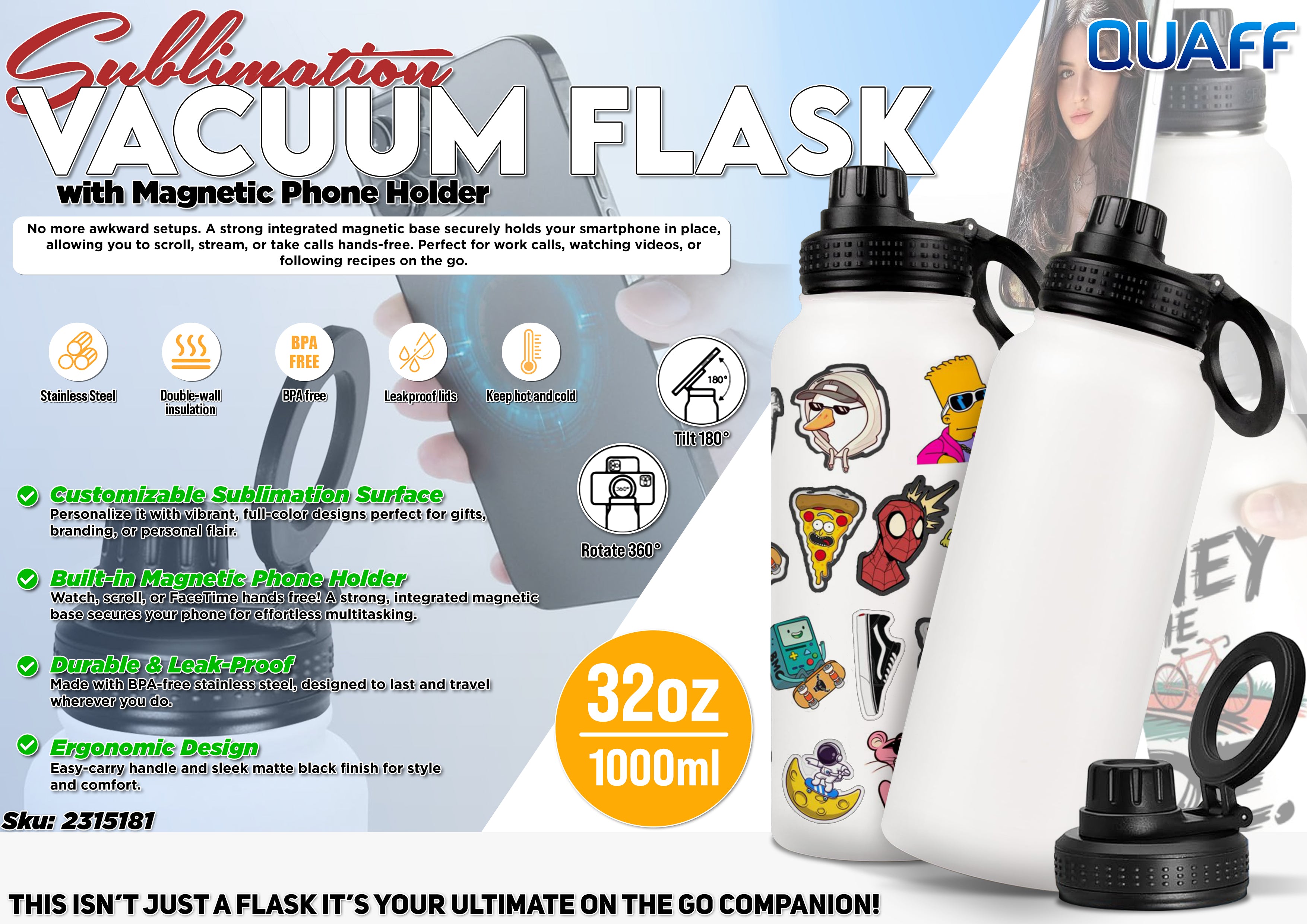QUAFF Sublimation Vacuum Flask With Magnetic Phone Holder 32oz/1000ML
