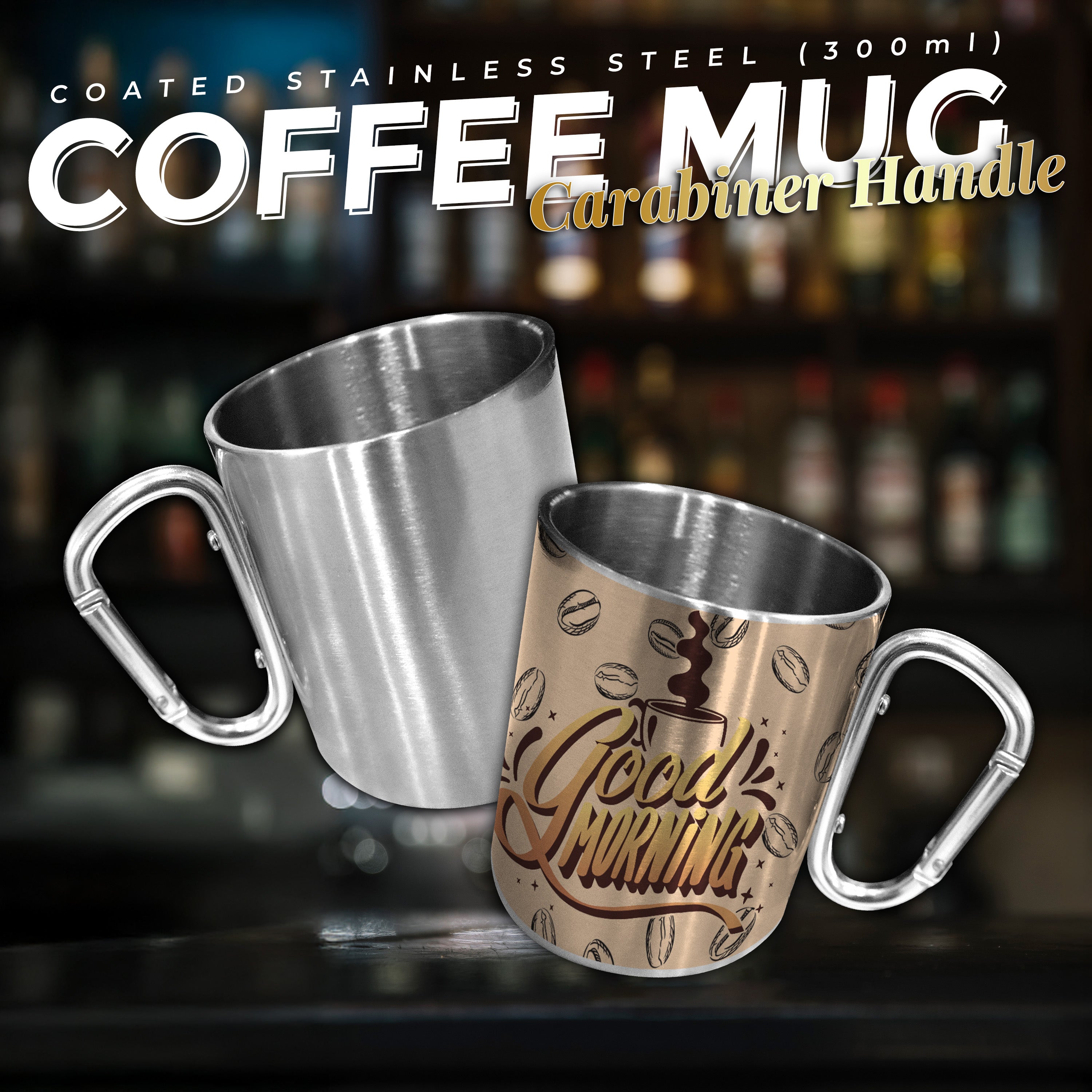 Coated Stainless Steel Coffee Mug with Carabiner Handle 300ml