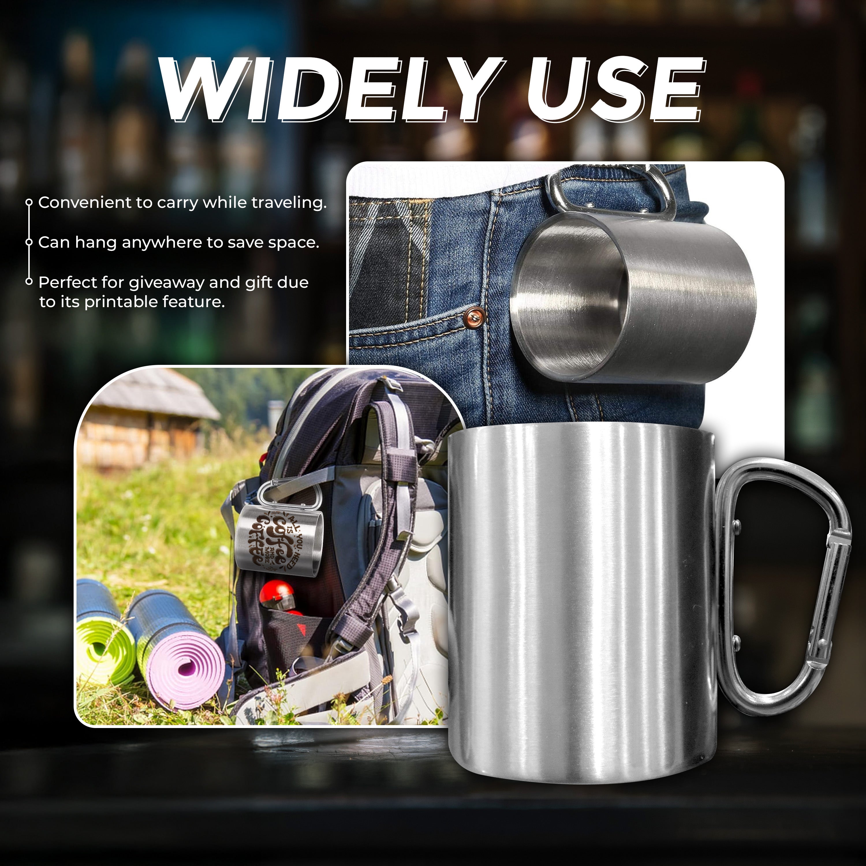 Coated Stainless Steel Coffee Mug with Carabiner Handle 300ml