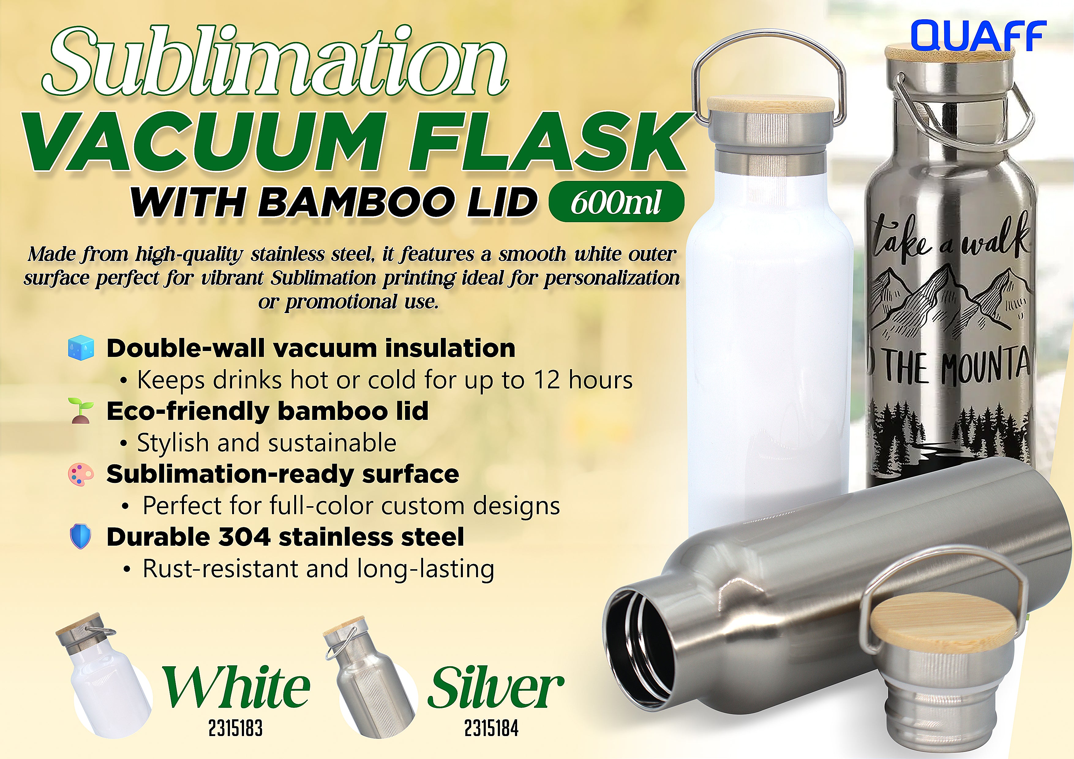 QUAFF 600ml Sublimation Coated Vacuum Flask with Bamboo Lid (White)
