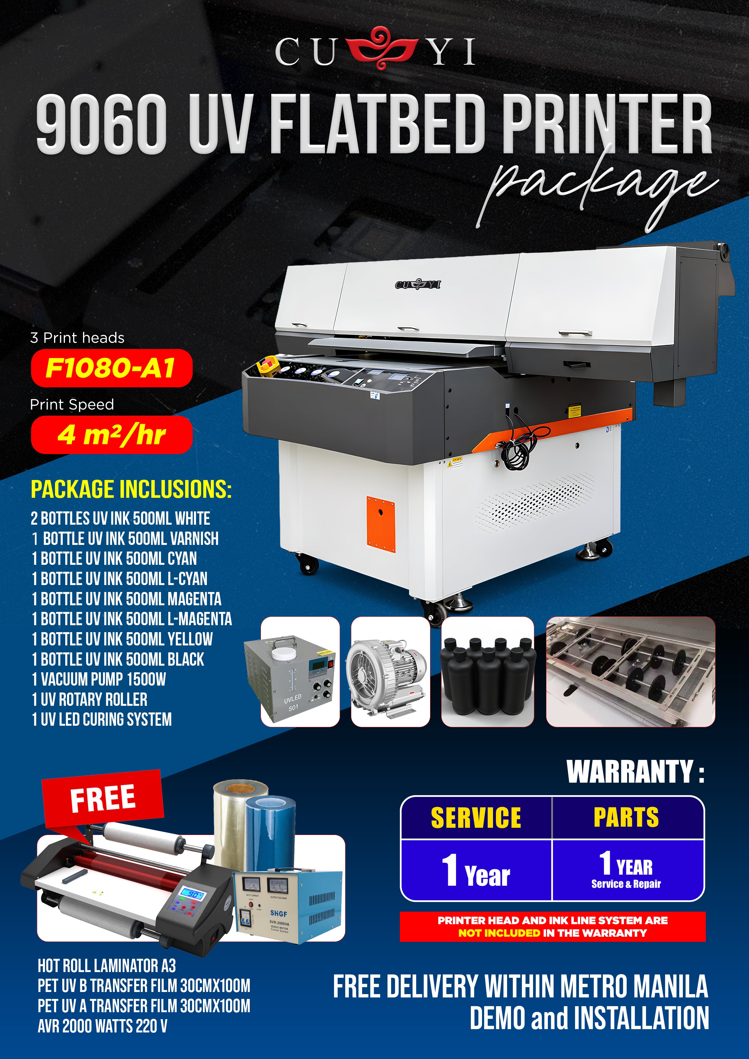 CUYI 9060 UV Flatbed Printer 3 HEADS F1080-A1🆕