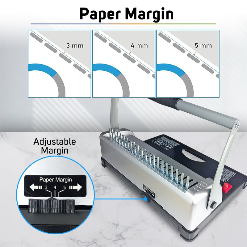 A4 Size Comb Binding Machine Double Arm Adjustable Margin Binder 21 Holes