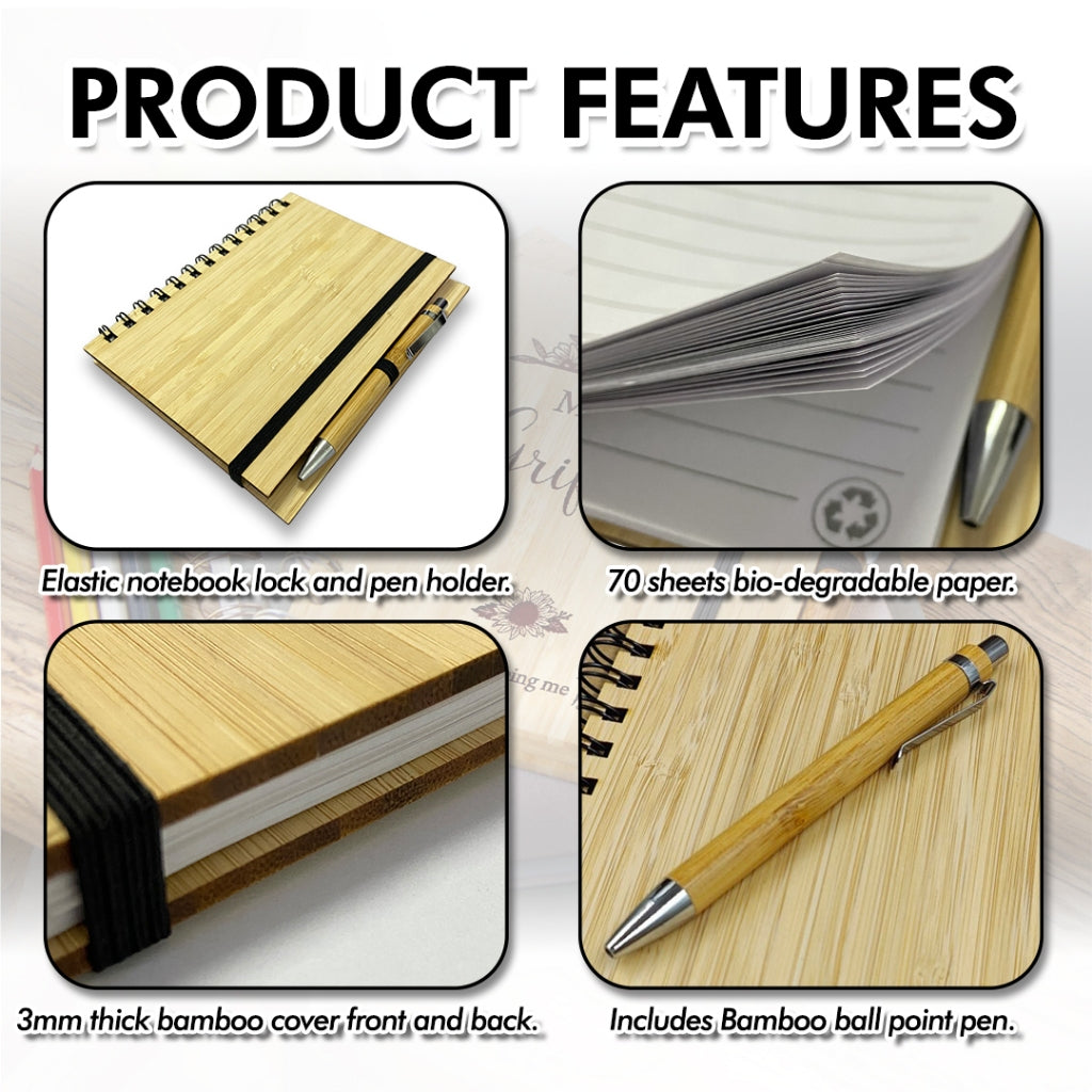Bamboo Notebook Eco-Friendly Plain with Pen & w/ Black Garter Diary Lock for Giveaways
