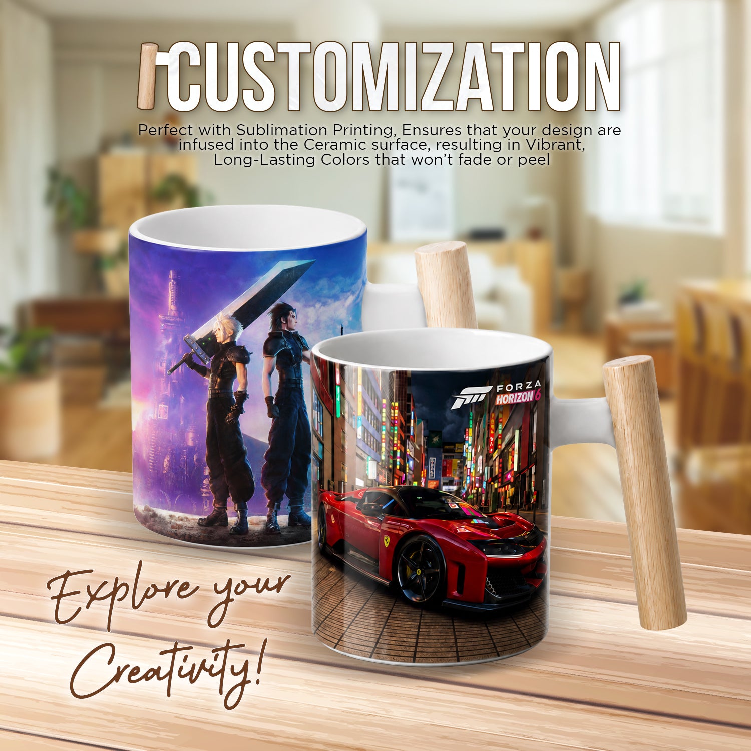 Coated White Mug Wooden Handle 11OZ