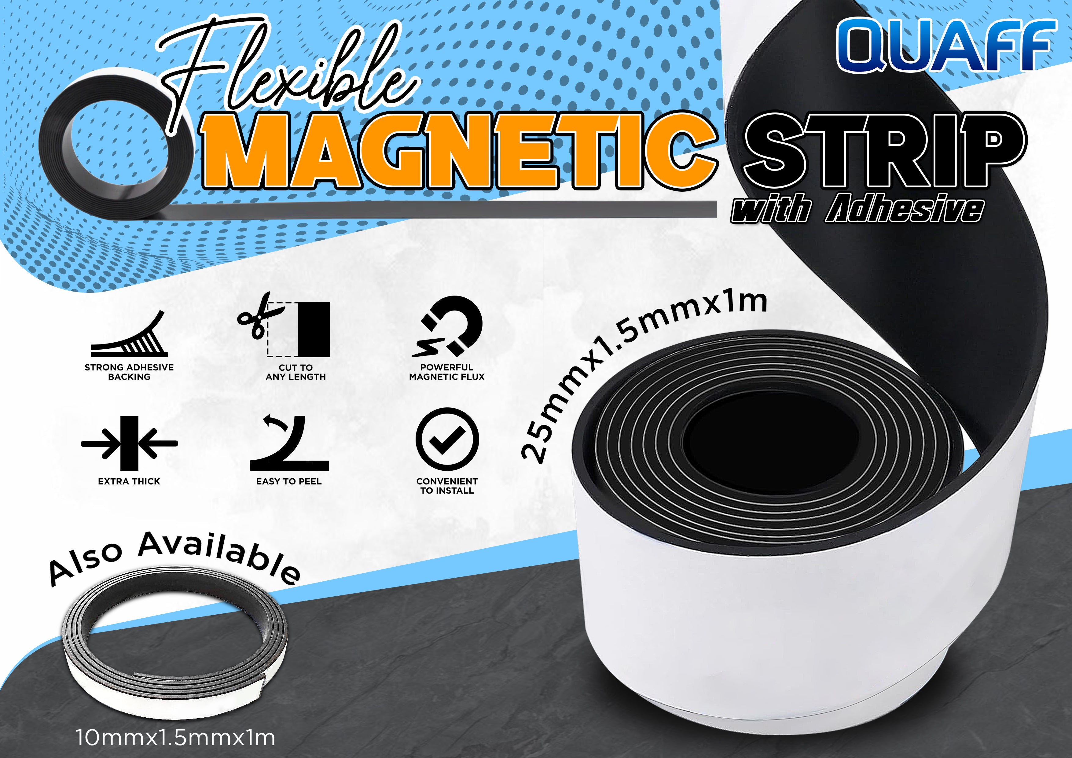 QUAFF Flexible Magnetic Strip w/ adhesive 10mm*1.5mm*1M
