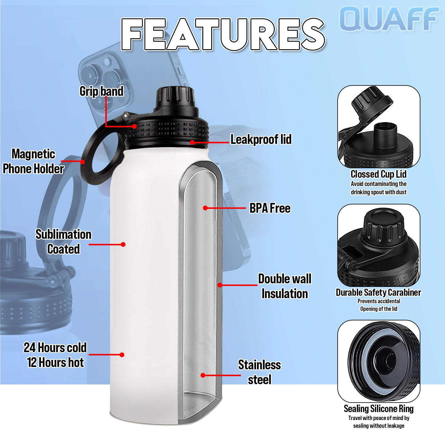 QUAFF Sublimation Vacuum Flask With Magnetic Phone Holder 32oz/1000ML
