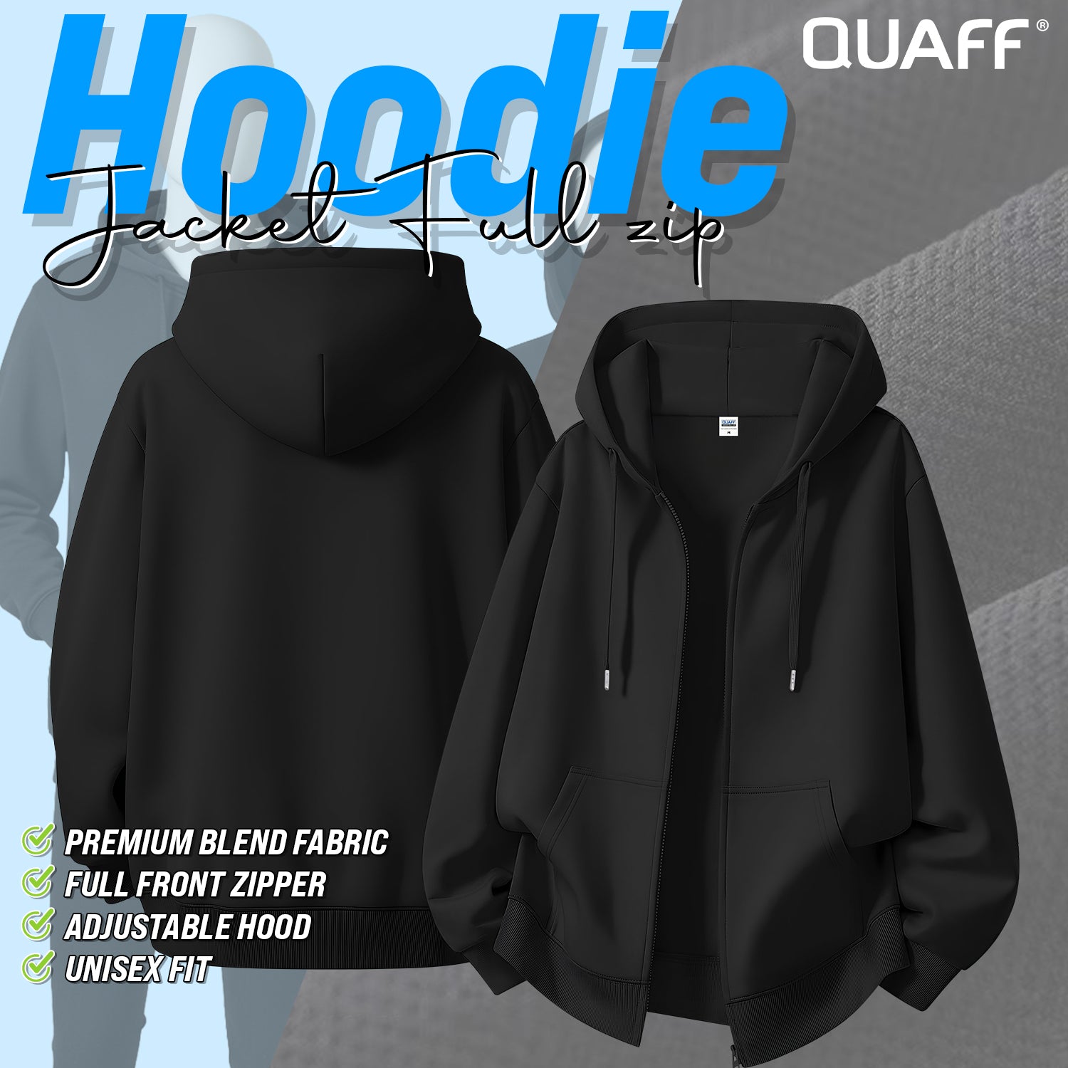 QUAFF 300GSM Hoodie Jacket Full-Zip BLACK🆕