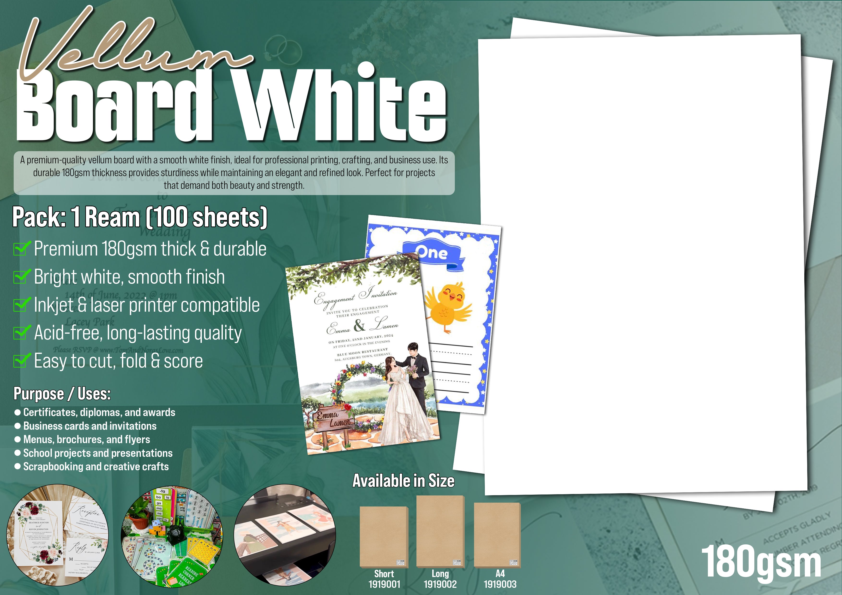 Vellum Board White 180gsm (100 Sheets)
