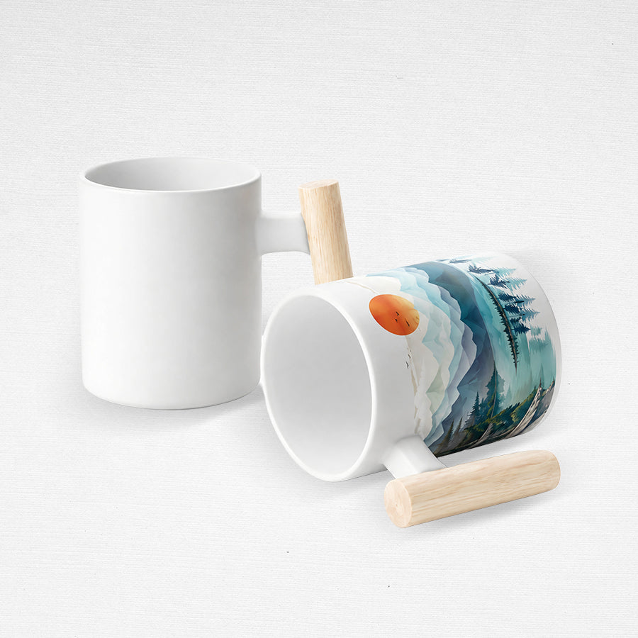 Coated White Mug Wooden Handle 11OZ