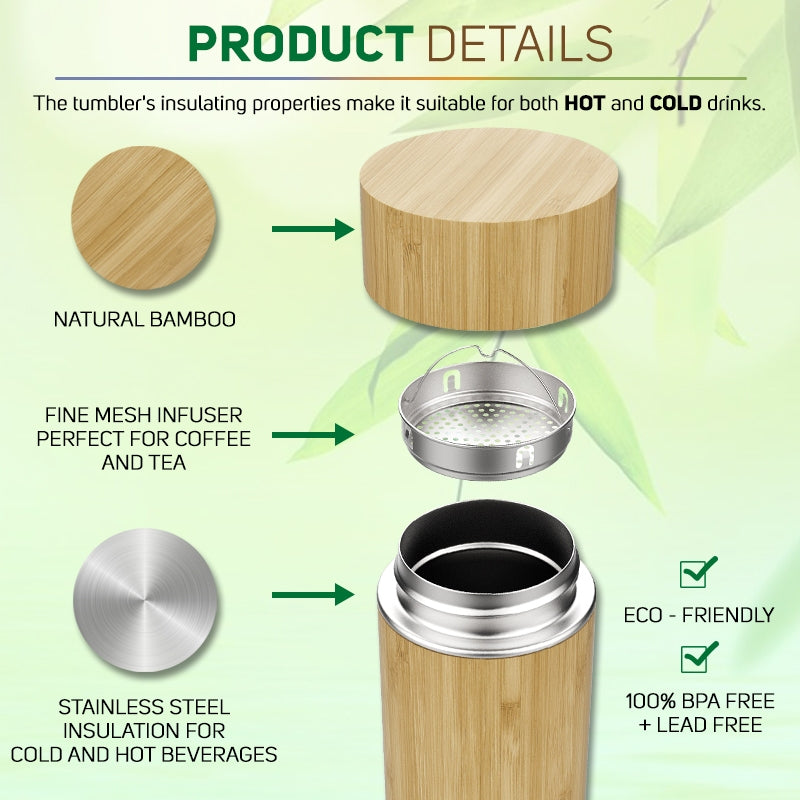 500ml Bamboo Tumbler with Stainless Steel Lid Customizable Water Bottle