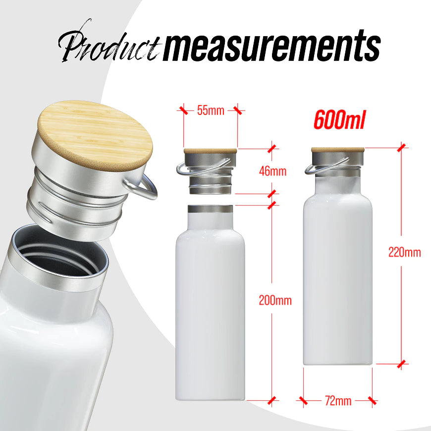 QUAFF 600ml Sublimation Coated Vacuum Flask with Bamboo Lid (White)